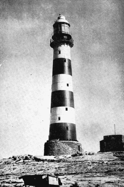 By permission of Messrs. Chance Bros. and Co., Ltd., Birmingham   Dassen Island Lighthouse, Cape of Good Hope  This lighthouse, 80 feet high, is built of cast-iron plates, bolted together