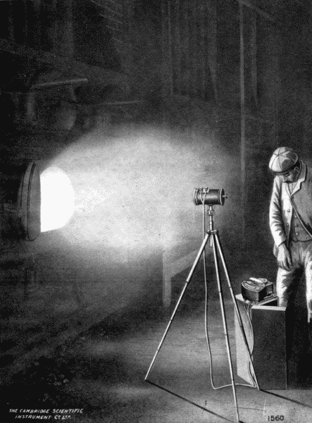 By permission of Cambridge Scientific Inst. Co., Ltd., Cambridge, Eng. Measuring Heat at a Distance This wonderful instrument, the Fery Radiation Pyrometer, although itself some distance away from the furnace, is telling the temperature of its hottest part.