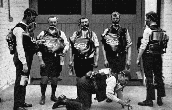 By permission of The Mining Engineering Co., Sheffield A Miners' Rescue Team These men are equipped with breathing apparatus which enables them to pass safely through the deadly fumes after an explosion, to rescue their unfortunate comrades