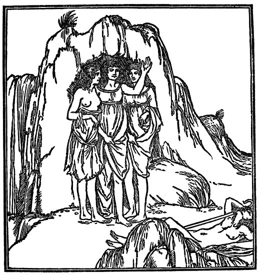 OF THE APPARITION OF THE THREE NYMPHS TO DAPHNIS IN A DREAM.  FROM MESSRS. RICKETTS AND SHANNON'S 'DAPHNIS AND CHLOE.' (MATHEWS AND LANE.)  REPRODUCED BY THEIR LEAVE AND THE PUBLISHERS'.