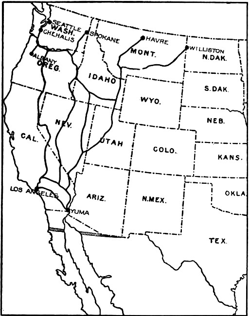 Map showing Routes of Railway Transportation to Concentration Centers for Troops of the Reserves for the defense of the North Pacific Coast and Northern Boundary of the United States: 1, Albany; 2, Chehalis; 3, Spokane; 4, Havre; 5, Williston.