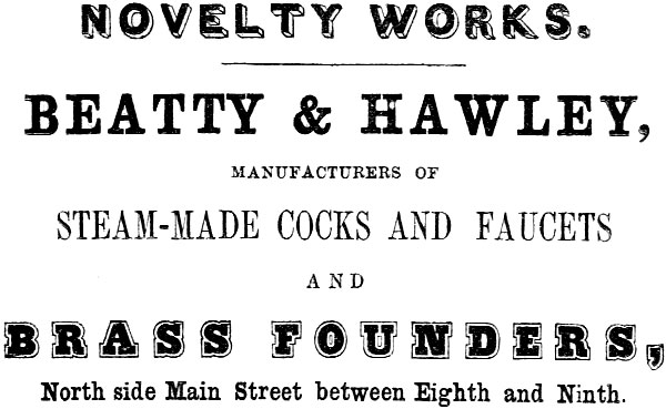 NOVELTY WORKS BEATTY & HAWLEY, MANUFACTURERS OF STEAM-MADE COCKS AND FAUCETS AND BRASS FOUNDERS, North side Main Street between Eighth and Ninth.