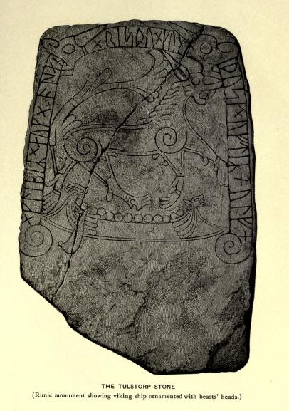 The Tulstorp Stone. (Runic monument showing viking ship ornamented with beasts' heads.)