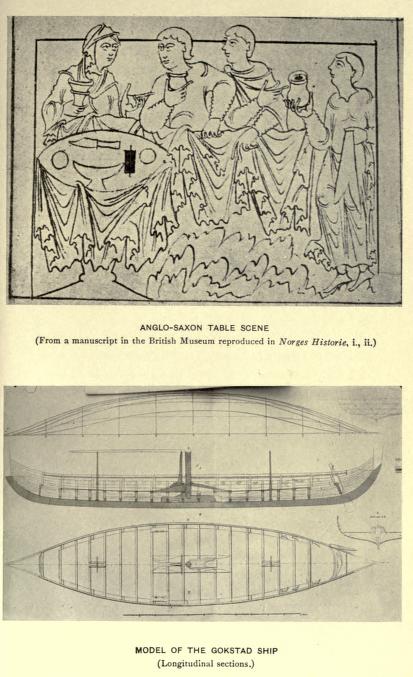 Anglo-Saxon Table Scene (From a manuscript in the British Museum reproduced in Norges Historie, i., ii.)—Model of The Gokstad Ship