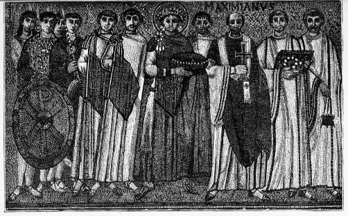 L'empereur Justinien et sa cour: Mosaïque de San Vitale, à Ravenne.