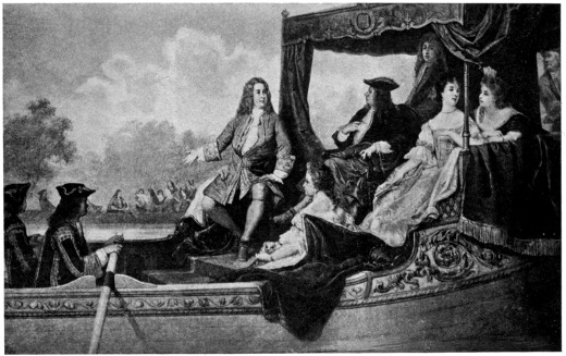 GEORGE I., IN HIS ROYAL BARGE, LISTENING TO HANDEL’S “WATER-MUSIC.”  (From a Painting.)