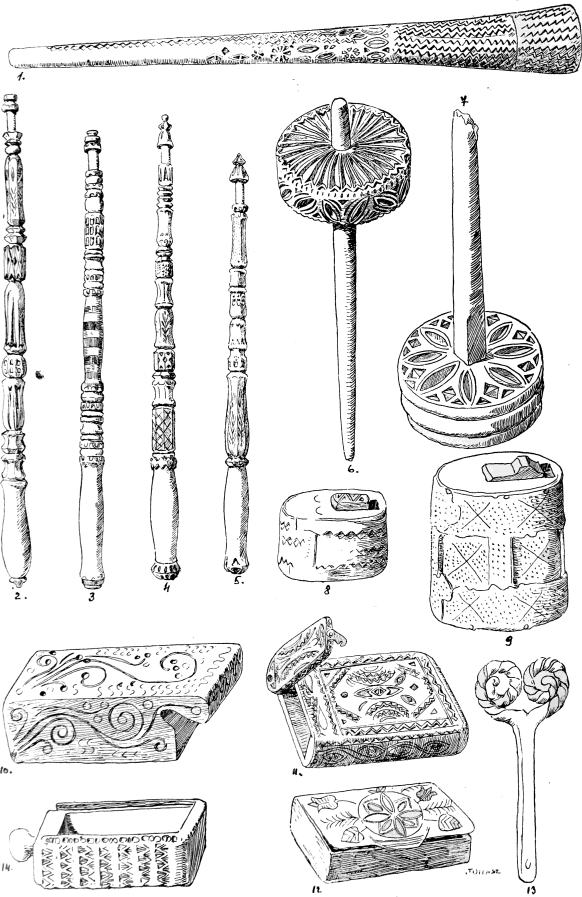 1. Himes járomszeg, Nagy-Almásról; 2., 3., 4., 5. Himes ostornyelek, Damosról; 6., 7. Csüllő, sőllő, Jegenyéről;