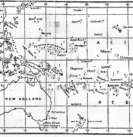 [Illustration: Map showing distribution of coral-reefs and active volcanoes.]