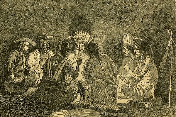 men sitting around a fire smoking a pipe