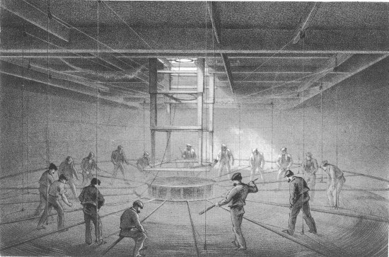 G. McCulloch, lith from a drawing by R. Dudley London, Day & Sons, Limited, Lith.  INTERIOR OF ONE OF THE TANKS ON BOARD THE GREAT EASTERN. CABLE PASSING OUT.