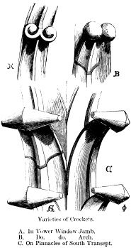 Varieties of Crockets.  A. In Tower Window Jamb. B.     Do.   do.   Arch. C. On Pinnacles of South Transept.