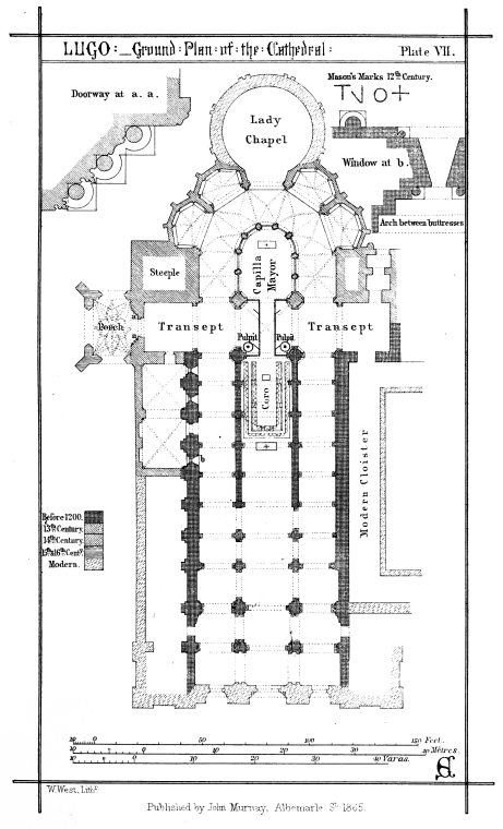 LUGO:—Ground: Plan: of: the: Cathedral: Plate VII.  W. West, Lithr.  Published by John Murray, Albemarle St. 1865.