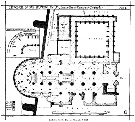 CATHEDRAL OF SAN SALVADOR AVILA—Ground Plan of Church and Cloister &c. Plate X.  Published by John Murray. Albermarle St. 1865.