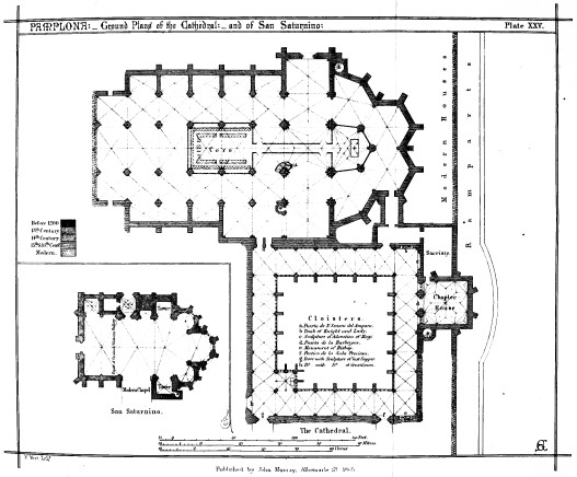 PAMPLONA:—Ground Plans of the Cathedral:—and of San Saturnino: Plate XXV.  Published by John Murray, Albemarle St. 1865.