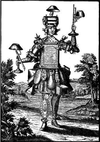 Fig. 27.—Le ferblantier marchand de lampes, fac-similé d'une gravure du dix-septième siècle, publiée par H. d'Allemagne dans son Histoire du luminaire.