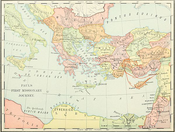 map: PAUL'S FIRST MISSIONARY JOURNEY.