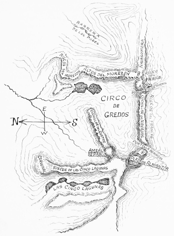 SKETCH-MAP OF THE NUCLÉO CENTRAL OF GRÉDOS  (A. Alto del Casquerázo.  B. Riscos del Fraile, with the Hermanitos in front.)