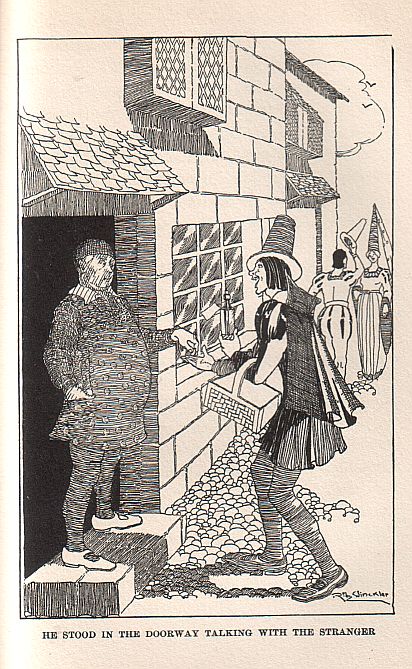 [The plump antiques dealer stands in the door while the thin and jaunty salesman speaks to him.]