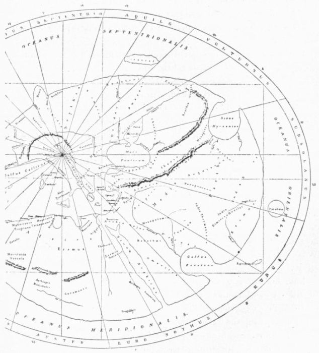 PRE-COLUMBIAN MAPPEMONDE, PRESERVED AT RAVENNA, RESTORED BY GRAVIER     AFTER D'AVEZAC IN BULLETIN DE LA SOCIÉTÉ NORMANDE, 1888.