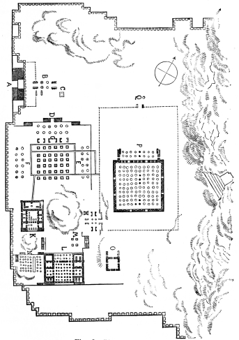 Fig. 78.—Plan of Persepolis.  A. Grand Stairway. B. Propylæa of Xerxes. C. Cisterns. D, E, F, G. Great Hall of Xerxes. H. Portal between the Palaces and Harem. K. Palace of Darius. L, M, N. Palace of Xerxes. O. Unrecognized Ruins. P. Harem. Q. Portal to the Court of the Harem.