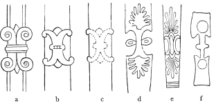 Fig. 81.—Spiral Ornaments upon Chairs.  a. From an Assyrian Relief. b. From the Vicinity of Miletos. c. From Xanthos. d, e, f. From Paintings upon Greek Vases.