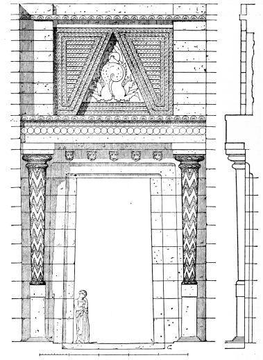 Fig. 122.—Restoration of the Tholos of Atreus. Portal. (Clarke.)