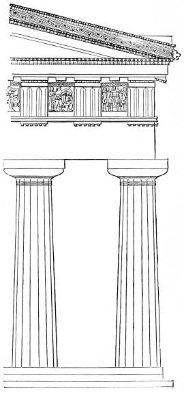 Fig. 136.—Corner Elevation of the Middle Temple of the Acropolis of Selinous. Restoration.