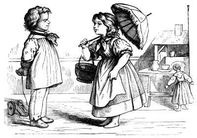 Boy with toy cannon talking to girl with handbag and parasol