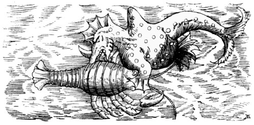 A one-horned monster with a sharp nose, devouring a Gambarus.