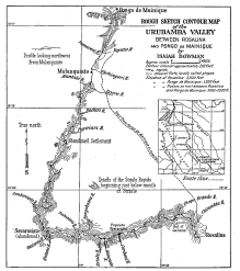 Fig. 8—Sketch map showing the route of the Yale-Peruvian Expedition of 1911 down the Urubamba Valley, together with the area of the main map and the changes in the delineation of the bend of the Urubamba resulting from the surveys of the Expedition. Based on the “Mapa que comprende las ultimas exploraciones y estudios verificados desde 1900 hasta 1906,” 1:1,000,000, Bol. Soc. Geogr. Lima, Vol. 25, No. 3, 1909. For details of the trail from Rosalina to Pongo de Mainique see “Plano de las Secciones y Afluentes del Rio Urubamba: 1902-1904,” scale 1:150,000 by Luis M. Robledo in Bol. Soc. Geogr. Lima, Vol. 25, No. 4, 1909. Only the lower slopes of the long mountain spurs can be seen from the river; hence only in a few places could observations be made on the topography of distant ranges. Paced distances of a half mile at irregular intervals were used for the estimation of longer distances. Directions were taken by compass corrected for magnetic deviation as determined on the seventy-third meridian (See Appendix A). The position of Rosalina on Robledo’s map was taken as a base.