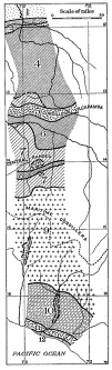 Fig. 157—Outline sketch showing the principal rock belts of Peru along the seventy-third meridian. They are: 1, Pleistocene and Recent gravels and sands, the former partly indurated and slightly deformed, with the degree of deformation increasing toward the mountain border (south). 2, Tertiary sandstones, inclined from 15° to 30° toward the north and unconformably overlain by Pleistocene gravels. 3, fossil-bearing Carboniferous limestones with vertical dip. 4, non-fossiliferous slates, shales, and slaty schists (Silurian) with great variation in degree of induration and in type of structure. South of the parallel of 13° is a belt of Carboniferous limestones and sandstones bordering (5), the granite axis of the Cordillera Vilcapampa. For its structural relations to the Cordillera see Figs. 141 and 142. 6, old and greatly disturbed volcanic agglomerates, tuffs and porphyries, and quartzitic schists and granite-gneiss. 7, principally Carboniferous limestones north of the axis of the Central Ranges and Cretaceous limestones south of it. Local granite batholiths in the axis of the Central Ranges. 8, quartzites and slates predominating with thin limestones locally. South of 8 is a belt of shale, sandstone, and limestone with a basement quartzite appearing on the valley floors. 9, a portion of the great volcanic field of the Central Andes and characteristically developed in the Western or Maritime Cordillera, throughout northern Chile, western Bolivia, and Peru. At Cotahuasi (see also Fig. 20) Cretaceous limestones appear beneath the lavas. 10, Tertiary sandstones of the coastal desert with a basement of old volcanics and quartzites appearing on the valley walls. The valley floor is aggraded with Pleistocene and Recent alluvium. 11, granite-gneiss of the Coast Range. 12, late Tertiary or Pleistocene sands and gravels deposited on broad coastal terraces. For rock structure and character see the other figures in this chapter. For a brief designation of index fossils and related forms see Appendix B. For the names of the drainage lines and the locations of the principal towns see Figs. 20 and 204.