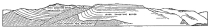 Fig. 174—The structural relations of the strata on the border of the Majes Valley at Aplao, looking west. Field sketch from opposite side of valley. Height of section about 3,000 feet; length about ten miles.