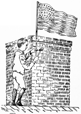 boy hanging flag on chimney