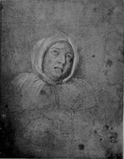 MADAME DE BRINVILLIERS  ON THE WAY TO EXECUTION. HER DRESS IS COVERED BY THE SHIRT WORN BY CONDEMNED CRIMINALS. ON THE RIGHT IS THE PROFILE OF HER CONFESSOR, THE ABBÉ PIROT  (From a Sketch by Charles Le Brun, preserved in the Louvre)