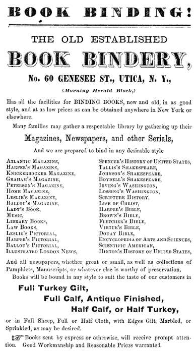 BOOK BINDING THE OLD ESTABLISHED BOOK BINDERY No. 60 GENESEE ST., UTICA, N. Y.