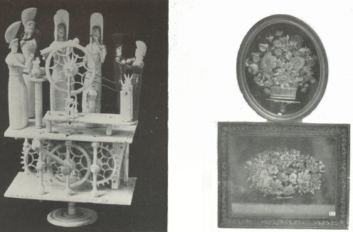 Plate XVI, Fig. 1.—Mechanical Bone Work Group of Moving Figures on Platform and Pedestal.  Figs. 2 and 3.—Groups of Flowers in Paper Work (Peterborough Museum)