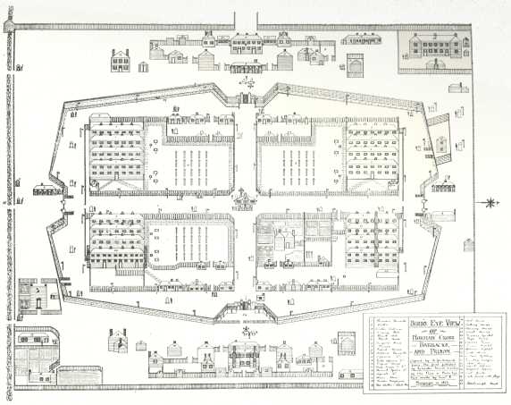 Plan D.—Bird’s-eye View of Norman Cross Barracks and Prison, East Elevation.  Executed by Lieutenant E. Macgregor, 1813