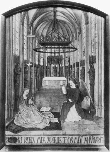 Plate XLIII.  Photo, Giraudon.  THE ANNUNCIATION.  Jean Fouquet.  Musée Condé.  To face page 184.