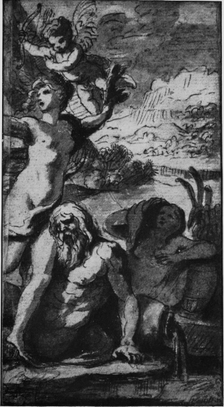 Plate LXXII.  DAPHNE METAMORPHOSED INTO A LAUREL TREE.  Photo. Giraudon.  Musée Condé.  Nicolas Poussin.