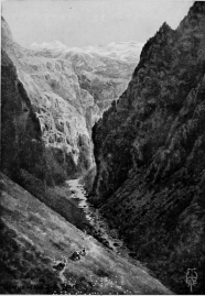 THE RIVER OF EDEN.  (The Zab entering the Tyari Gorges).  The view down stream from the mouth of the Ori valley, a little above Tal. The distant snow peak is Ghara Dagh on the southern side of Tkhuma.  No. 1