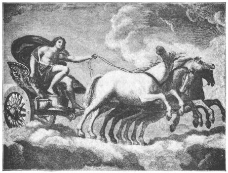 Apollo's chariot, drawn by four horses, travelling through the clouds