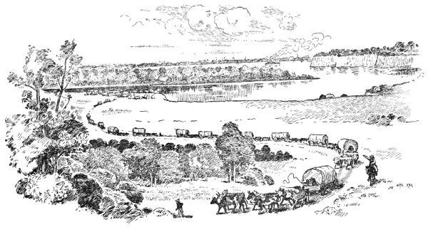 The wagon train winds away from the river