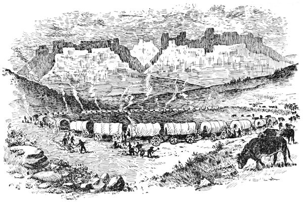 A circle of wagons in low foothills