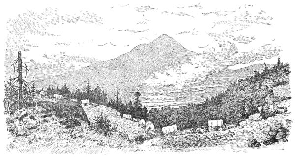 The wagons travel an uneven hillside