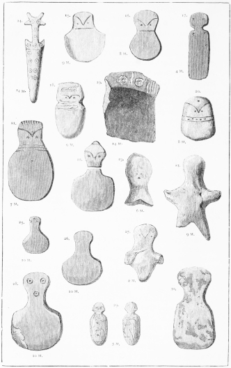 14. 14 M. Nos. 14-30. Rude Idols found in the various Strata (2 to 14 M.).  No. 14 is of Ivory, with the same Decorations on both sides. Nos. 15, 16, 18, 20, 25, 26, 28, are of very fine Marble. No. 17 is of Green Slate. Nos. 23, 24, 27 are of Terra-cotta: and No. 19 is a Piece of a Dish.