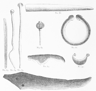 Objects of Metal from the Lowest Stratum (11-15 M.).  No. 83. A real Copper Nail.  Nos. 84, 85. Copper Dress-Pins (too long and thin for nails).  No. 86. A gilt Copper Knife.  No. 87. A Silver Dress-Pin.  No. 88. A Copper Bracelet.  Nos. 89, 91. Copper Knives.  No. 90. A Silver Crescent.