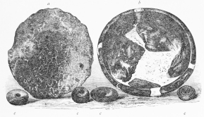 No. 108. a, Hand Millstone of Lava (15 M.). b, Brilliant black Dish with side Rings for hanging it up (14 M.). c,c,c,c, Small decorated Rings of Terra-cotta (10-14 M.).