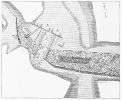 PLAN III.—THE TOWER AND THE SCÆAN GATE.  a a. The Great Tower of Ilium. b. Depression to shelter archers. c. Steps. d. The Double Scæan Gate. e. Steep paved road leading to the Plain. f. The City Wall. g. Place where the Treasure was found. h h. The Palace of Priam.