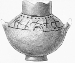 No. 221. A Terra-cotta Vase with two little Ears, and two large perforated Handles, marked with eleven strange characters (5½ M.).  The depth must refer to the upper house above the Palace. it is given as 8½ M. in the Photograph, but corrected in the descriptive letter-press to 5½ M.; and a like correction seems to have been neglected in the Book.—{ED.}