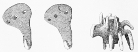 No. 232 (8 M.).   No. 233 (7 M.).  Curious Terra-cottas from the Trojan Stratum. Dr. Schliemann takes No. 232 for a pair of pegs for hanging up clothes. No. 233 is a strange animal figure, solid, except for a tube passing through the body and open at both ends, so that it cannot have been a vessel. Dr. Schliemann thinks it may represent the chimæra (Iliad, VI. 179, foll., “In front a lion, behind a serpent, and in the middle a chimæra”). In one sense, certainly, the name seems appropriate.